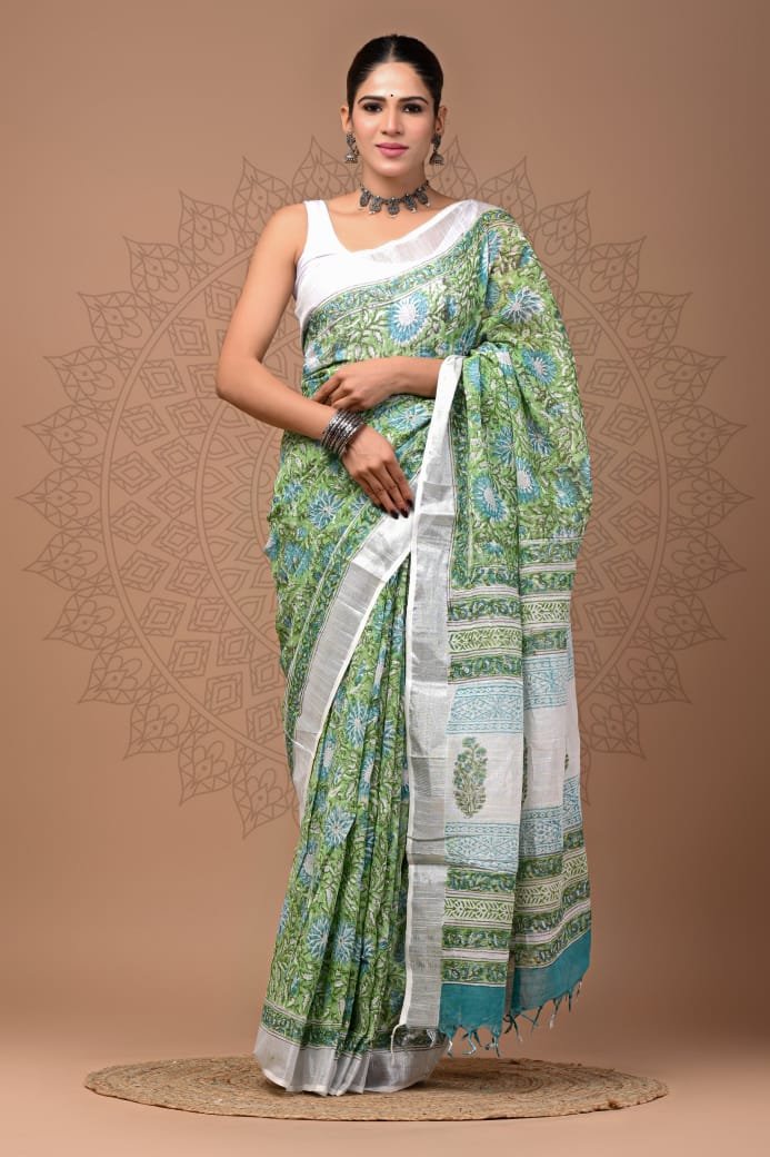 Hand Block Printed Linen Saree with Blouse